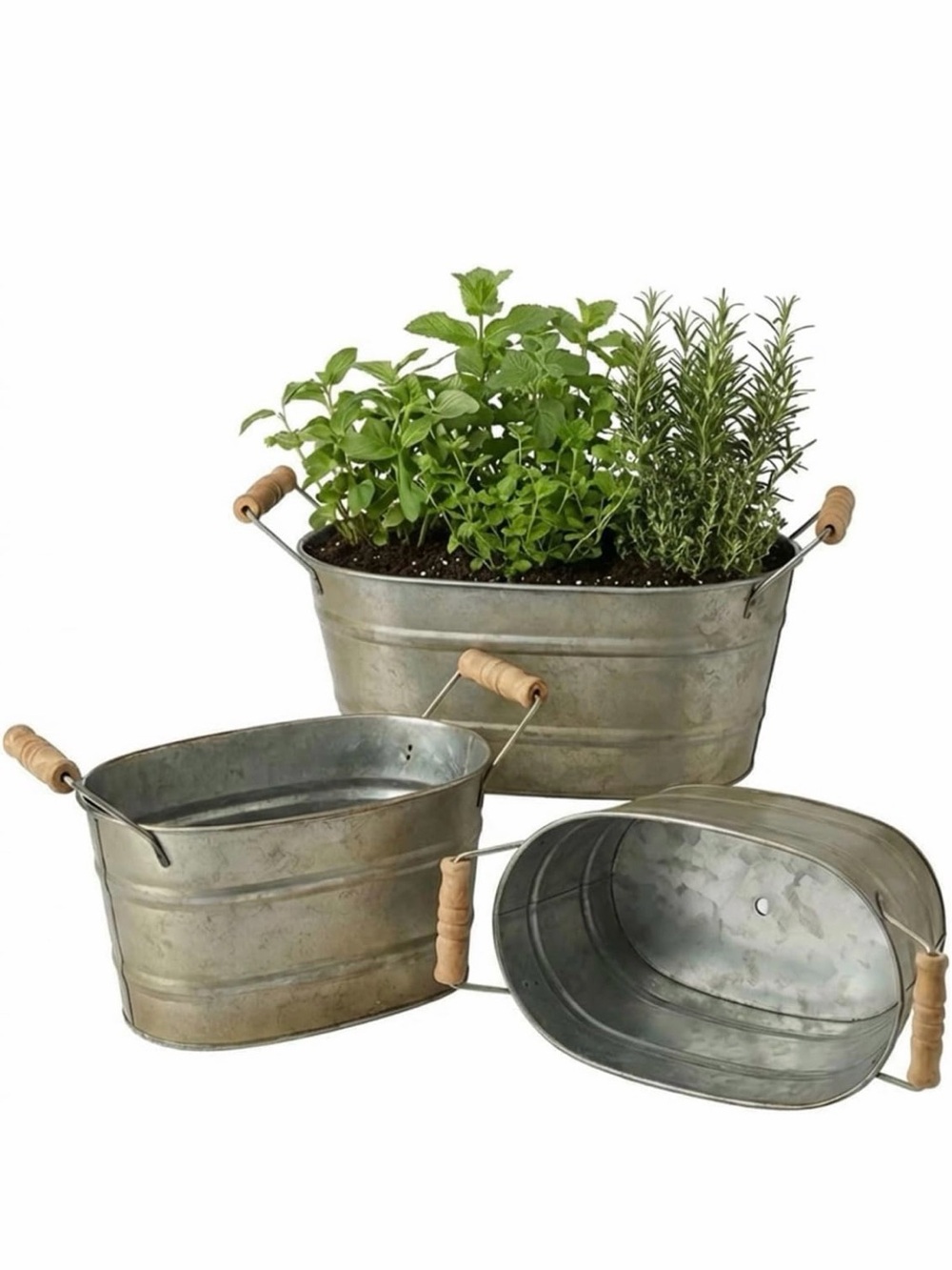 Galvanized Oval Planter Tubs with Wooden Handles - Silver